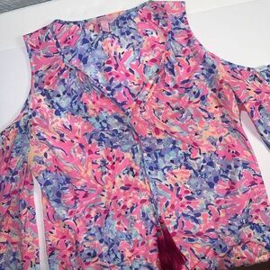 Lilly Pulitzer Finch Top Coral Crab Silk Cold Shoulder Blouse Women's‎ Size XS